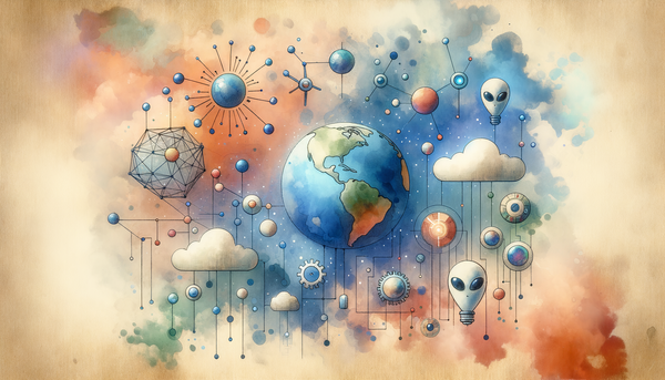 Watercolor illustration of interconnected globes representing AI.