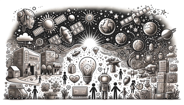 Playful grayscale doodle of technology and AI.