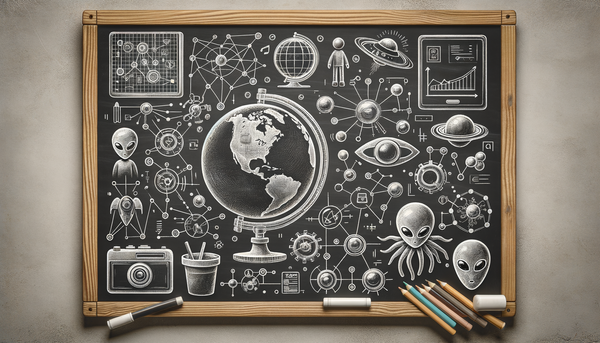 Chalkboard drawing of networked globes and technology.