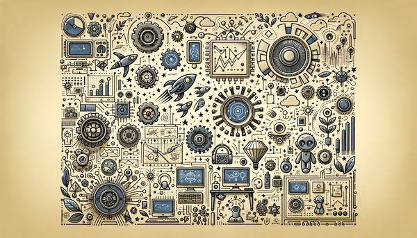 Whimsical illustration of technology and innovation symbols.