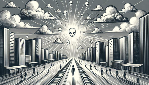 A grayscale skyline with cloud-like figures symbolizing AI.