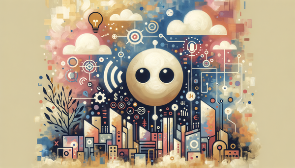 Futuristic cityscape with tech symbols and soft colors.
