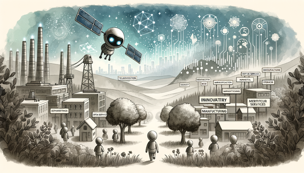 Abstract illustration of satellites above industry landscapes.