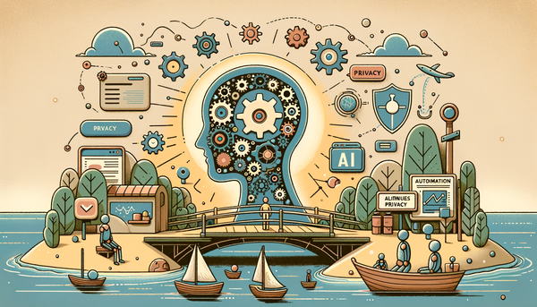 Illustration of AI concepts with gears and a bridge.