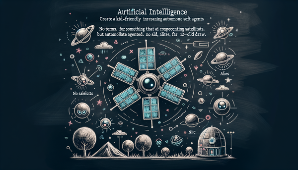 Chalkboard drawing of AI satellites with a futuristic touch.