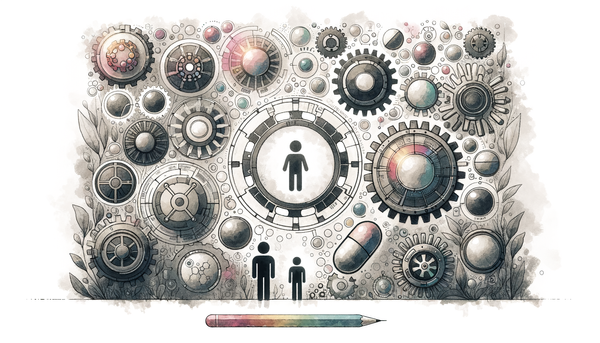 Watercolor illustration of technology-themed elements in grayscale.
