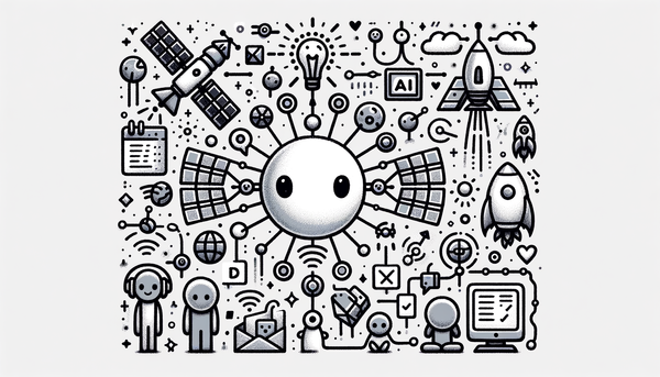 Hand-drawn grayscale illustration of friendly AI satellites.