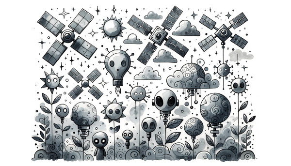 Grayscale watercolor illustration of AI satellites.