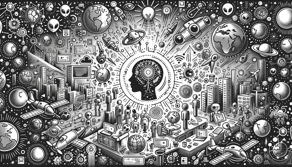 Grayscale corporate doodle of AI satellites and tech.
