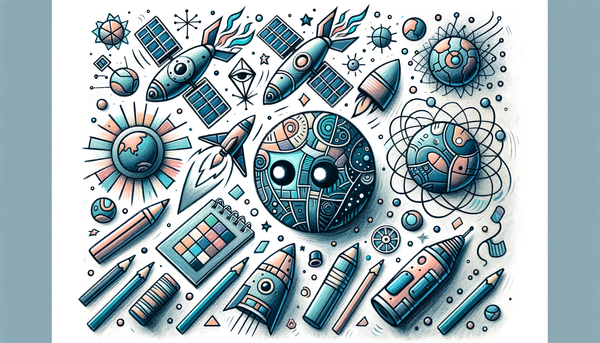 Colorful doodle art of futuristic satellites and technology.