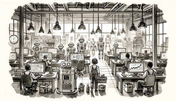 Grayscale watercolor wash of an automated workplace