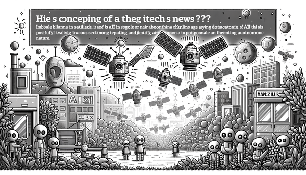 Grayscale doodle showing AI satellites in a positive tech scene