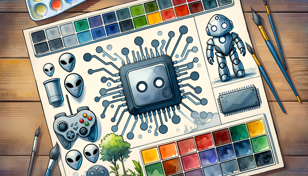 Watercolor representation of AI and gaming elements.