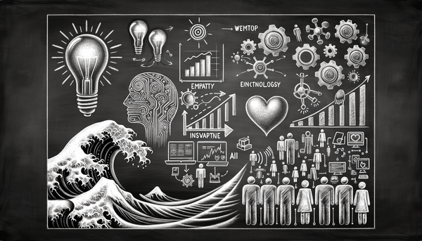 Grayscale chalkboard drawing of empathy and technology.