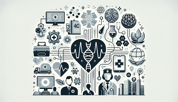 Minimalistic grayscale artwork representing healthcare and life sciences.