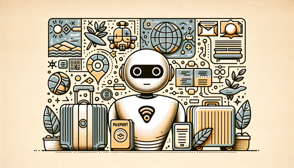 Minimalistic doodle of travel items and AI assistant.