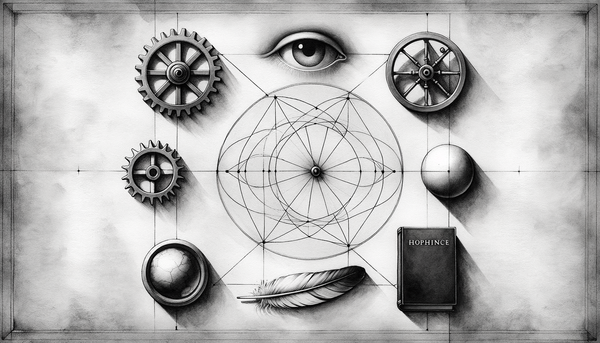 Grayscale watercolor artwork depicting symbols of innovation.