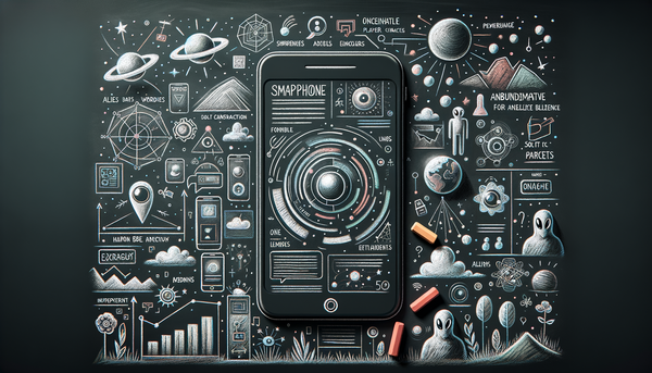 Minimalistic chalkboard art featuring smartphones and AI motifs.