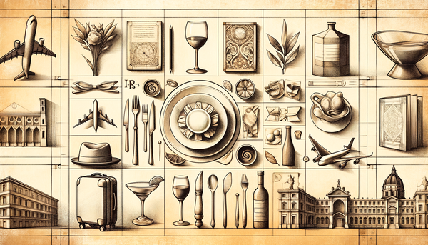 Minimalistic artwork depicting hospitality and travel themes.