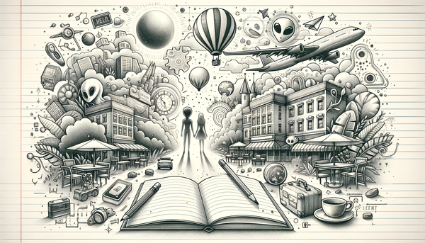 Grayscale sketch of a travel scene with hospitality elements.