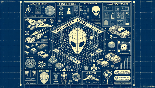 Retrofuturistic minimalistic artwork with advanced technology symbols.