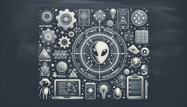 Minimalistic grayscale illustration of software development