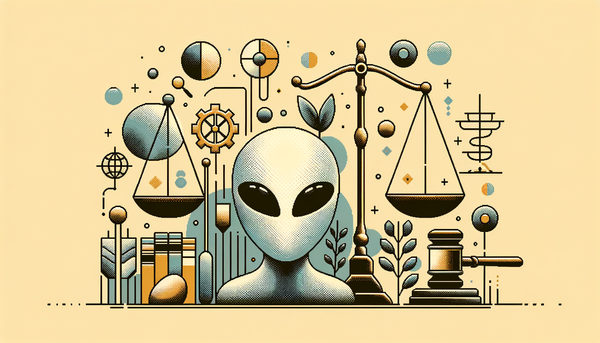 Minimalistic halftone artwork with legal symbols.
